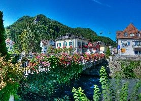 Bridge in Bad Ragaz, bad, centre, europe, gallen, geraniums, river, bridge, mountain, ragaz, rural, sankt, street, switzerland, town